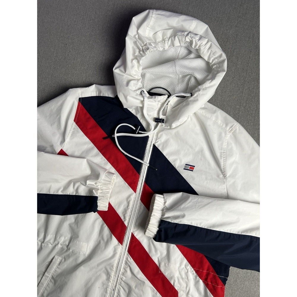 Tommy Hilfiger Jacket Women's S White Red Blue Striped Drawstring Windbreaker
